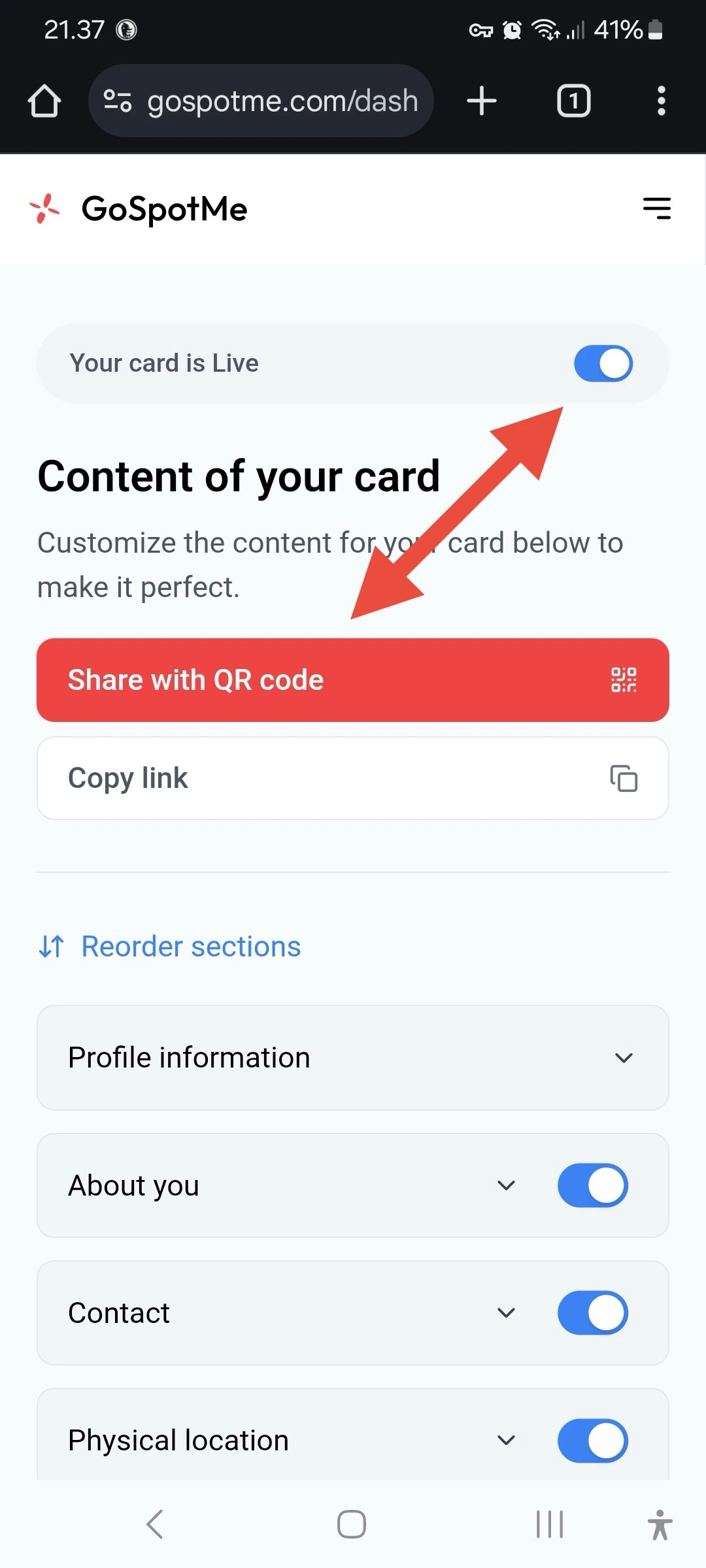 Make the card live and tap Share with QR code