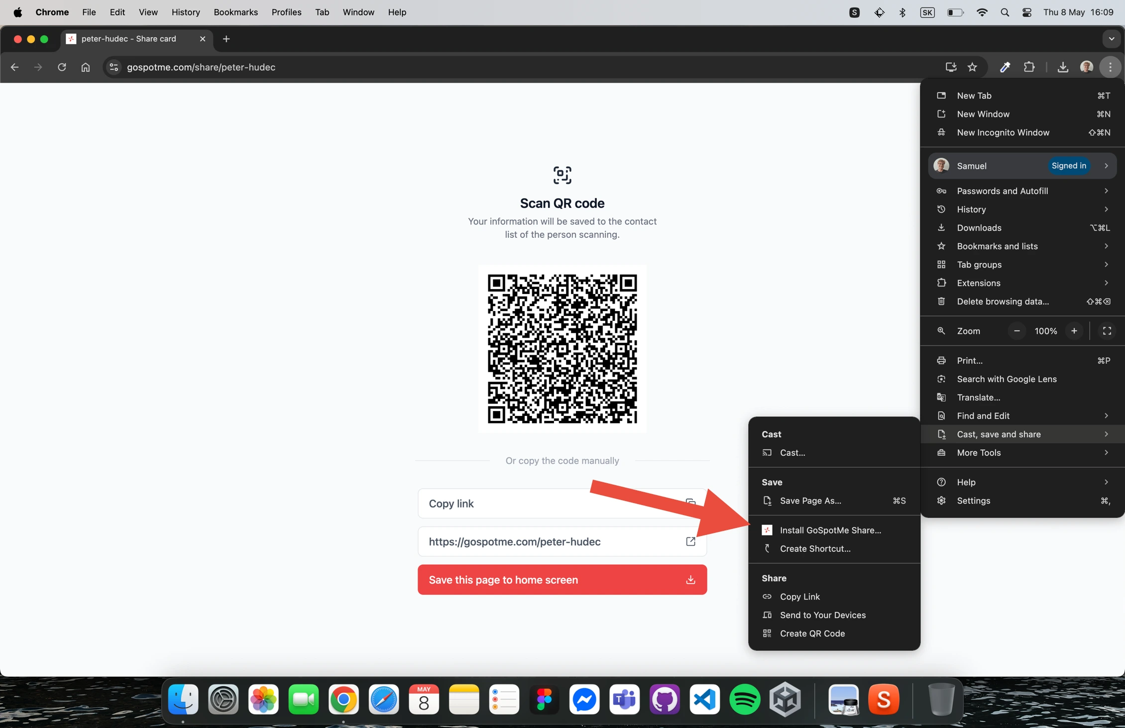 Click three dots > Cast, save and share > Install GoSpotMe share page