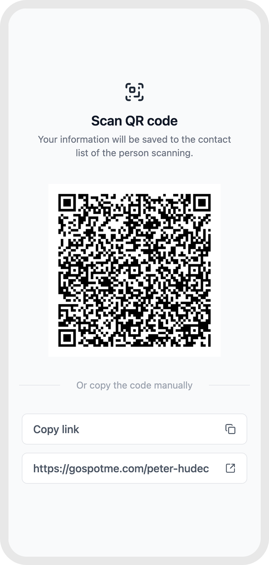 Modal shown with options to save contact or view business card